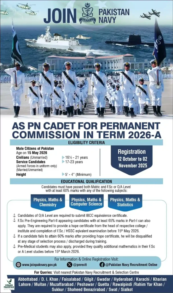 Join Pakistan Navy as PN Cadet 2026